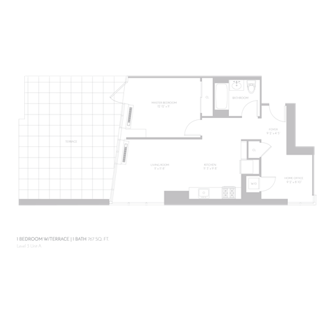 Floor plan for 1 bed, 1 bath, 767 sqft